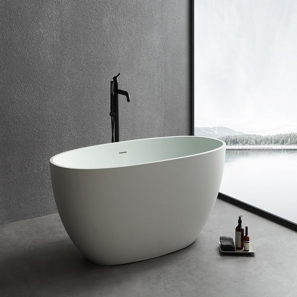 HBEZON 65 in. Stone Resin Soild Surface Flatbottom Non-Whirlpool Bathtub in White for Adult