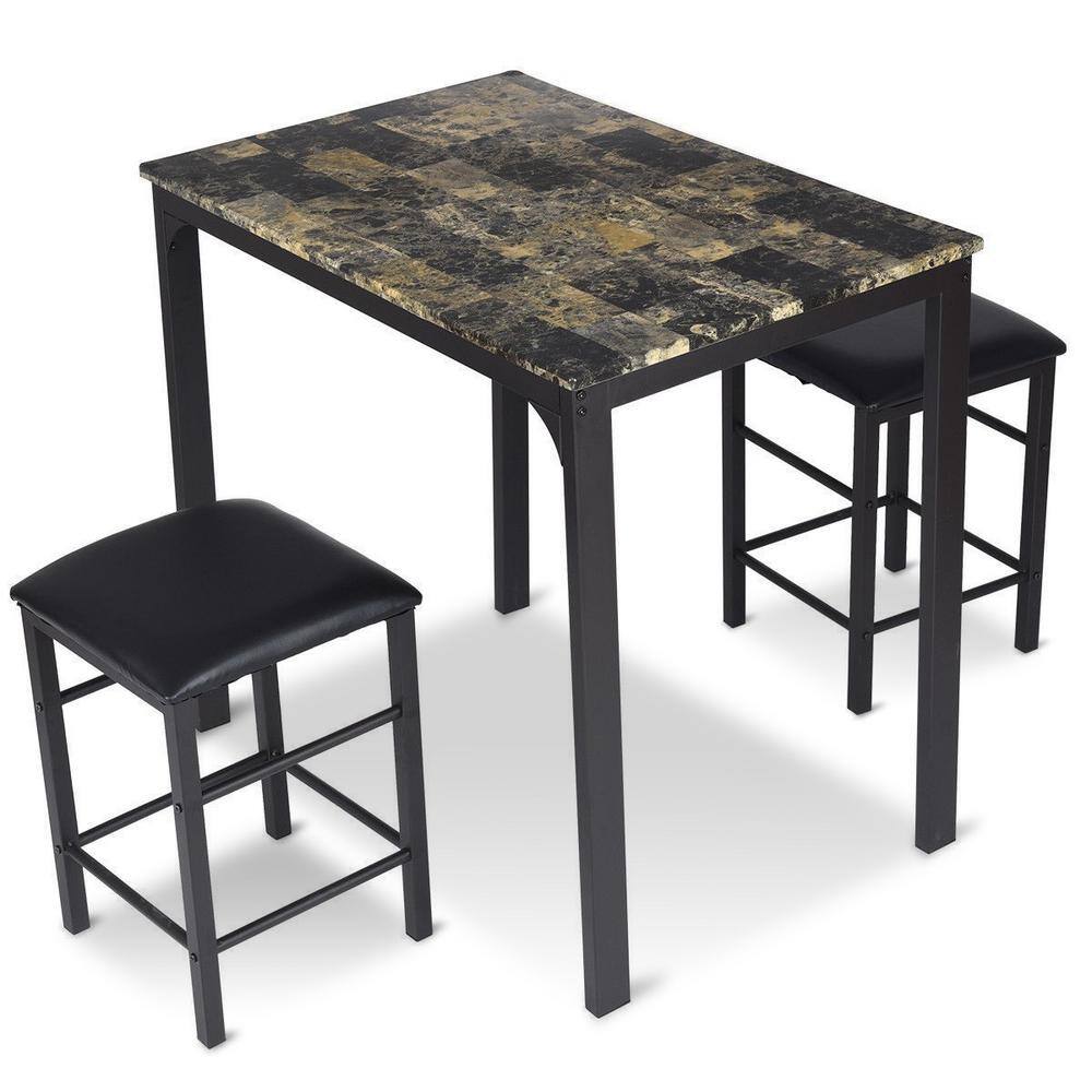 Costway 3-Piece Dark Faux Marble Pub Table Set with Black Chairs