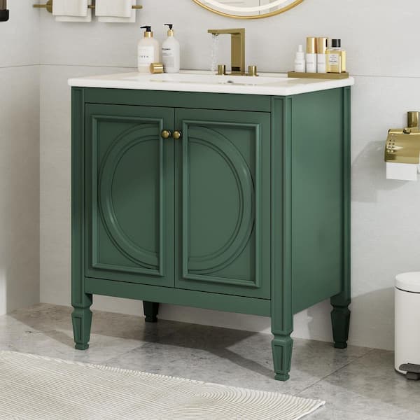30 in. Single Sink Freestanding Green Bath Vanity with White Ceramic Top, Rubber Wood and Gold Knobs