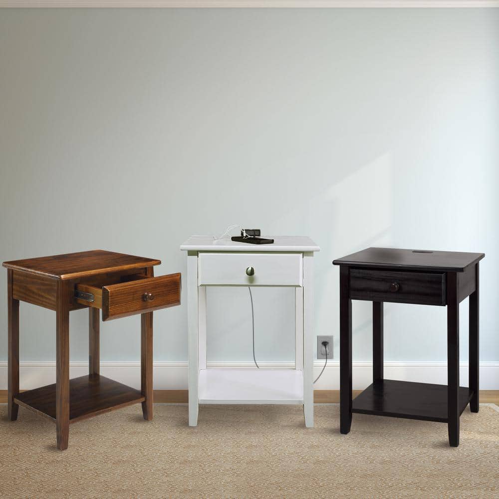 Night Owl Walnut Black 1 Drawer 17.5 in. W Nightstand with USB Port
