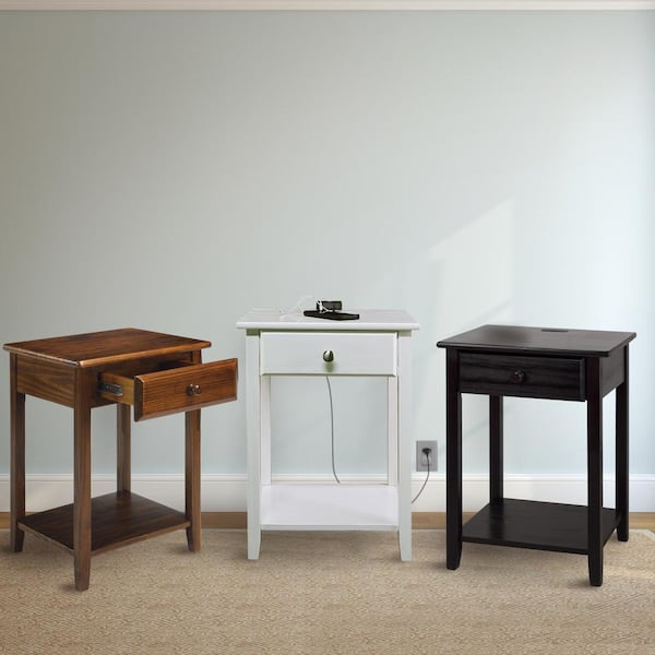 Casual Home Night Owl Walnut Black 1 Drawer 17.5 in. W Nightstand with USB Port