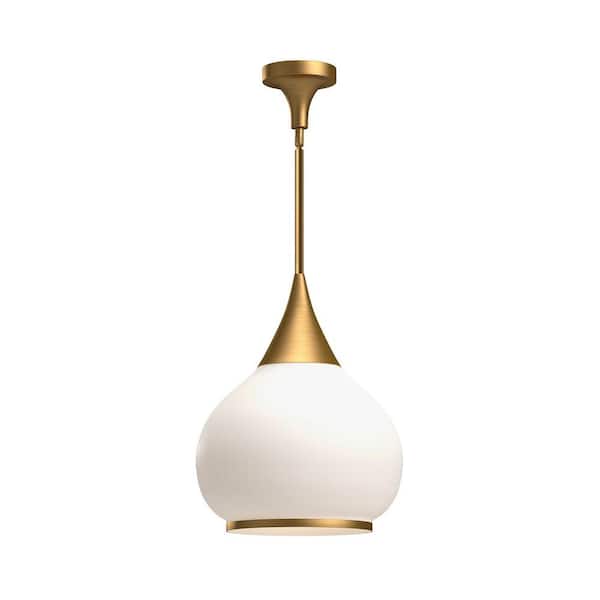 KUZCO Hazel 60-Watt 1-Light Aged Brass/Matte Opal Glass Pendant Light