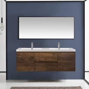 59.06 in.W x 19.69 in.D Wall-Mounted Bath Vanity in Rose Wood with white glossy Resin Top