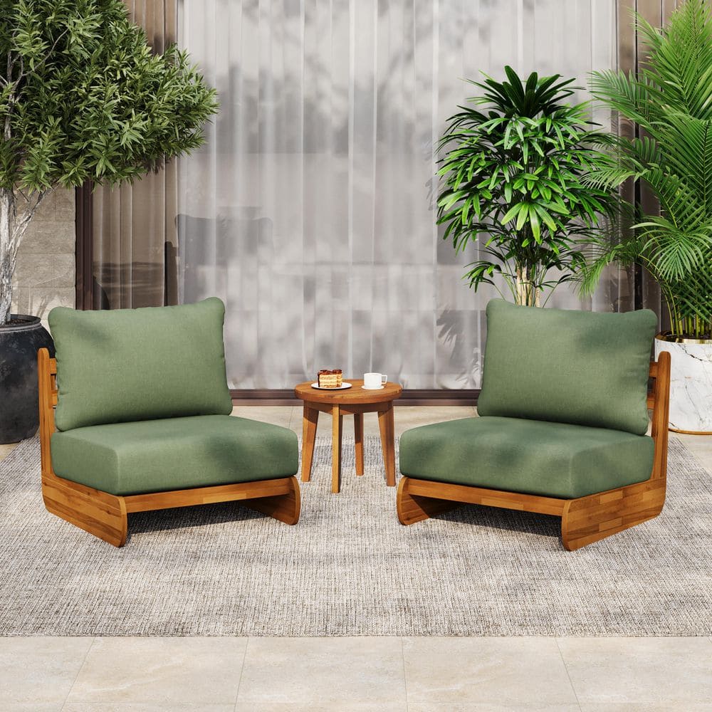 Liz Modern Teak Finish Solid Wood Patio Outdoor Lounge Chair with Green Cushions, Deep Seating, Set of 2