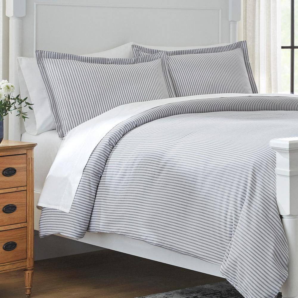 Home Decorators Collection Ada 3Piece Gray and White Stripe Cotton Full/Queen Duvet Cover Set