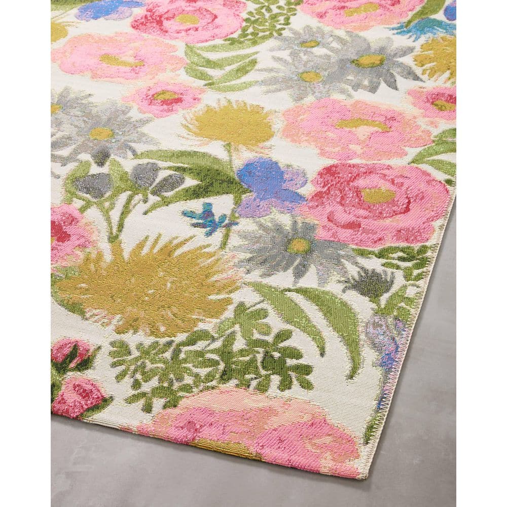 Ivory and Multicolor Floral Wool Blend Indoor/Outdoor Area Rug 6'-7" x 9'-4"