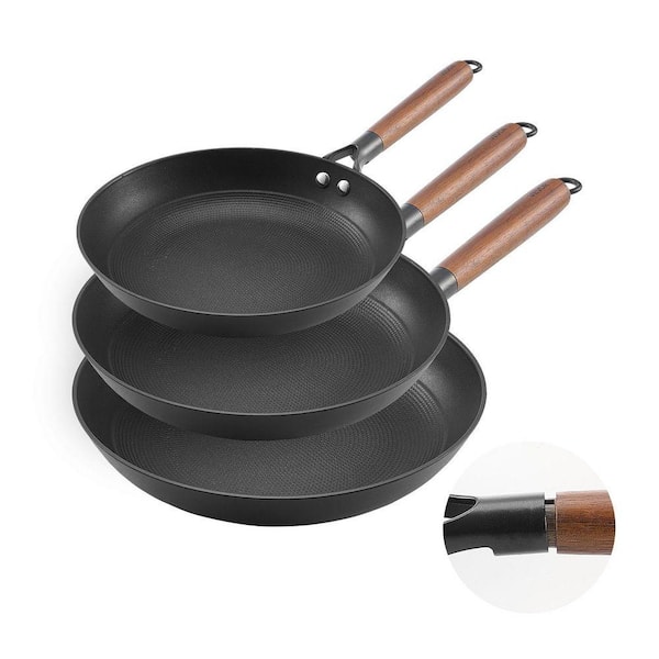 Cast Iron Skillet, 3-Piece Cast Iron Frying Pan Set, Nonstick Skillets with Wood Handle, Pre-Seasoned Chef's Pan, Black