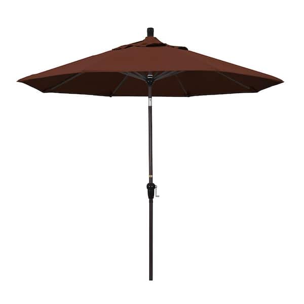 California Umbrella 9 ft. Bronze Aluminum Pole Market Aluminum Ribs Auto Tilt Crank Lift Patio Umbrella in Bay Brown Sunbrella