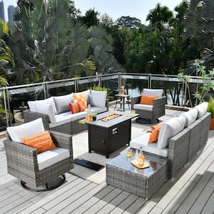 Messi Gray 11-Piece Wicker Outdoor Patio Conversation Sofa Fire Pit Set with Swivel Chairs and Light Gray Cushions