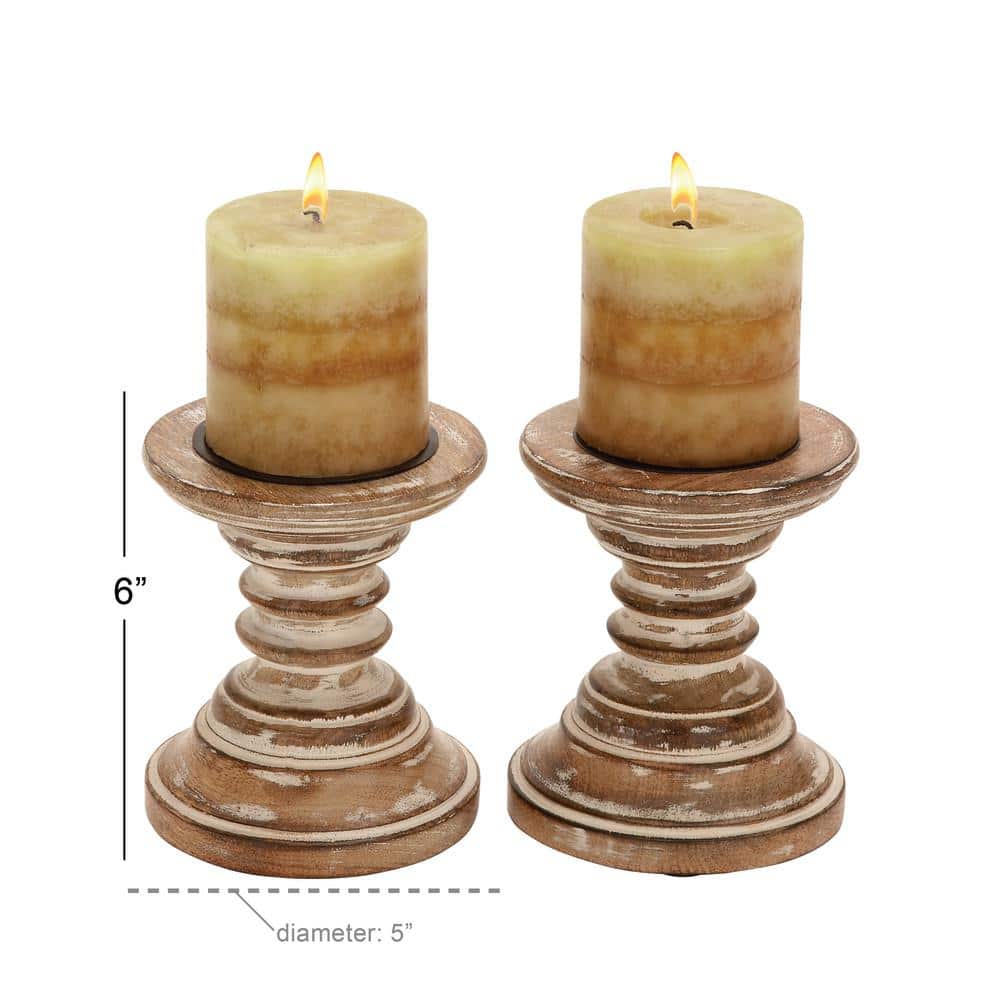 Rustic Light Brown Mango Wood Pillar Candle Holders, Set of 2