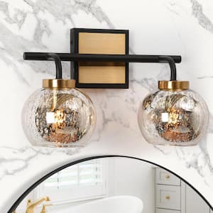 15 in. 2-Light Transitional Brass Vanity Light, Black Bathroom Light Fixtures, Modern Vanity Lighting with Mercury Glass