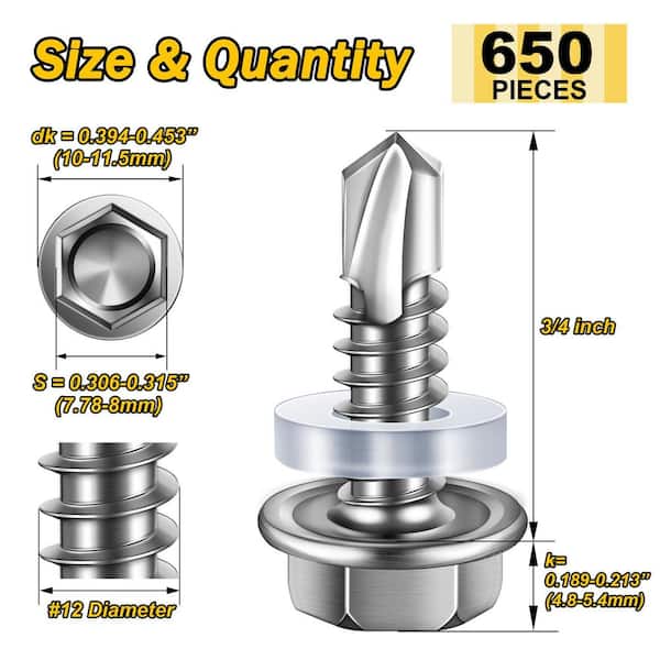 #12 x 3/4 in. Stainless Steel Hex Washer Head Self Drilling Sheet Metal Screws (650-Pack)