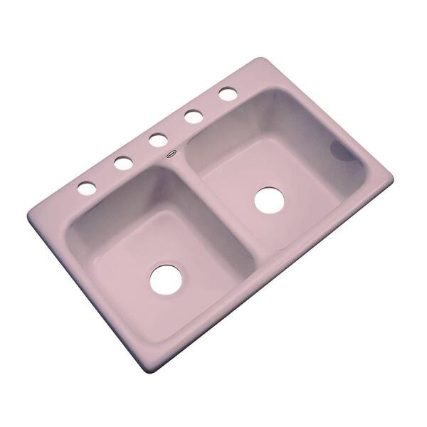 Thermocast Newport Drop-In Acrylic 33 in. 5-Hole Double Bowl Kitchen Sink in Wild Rose