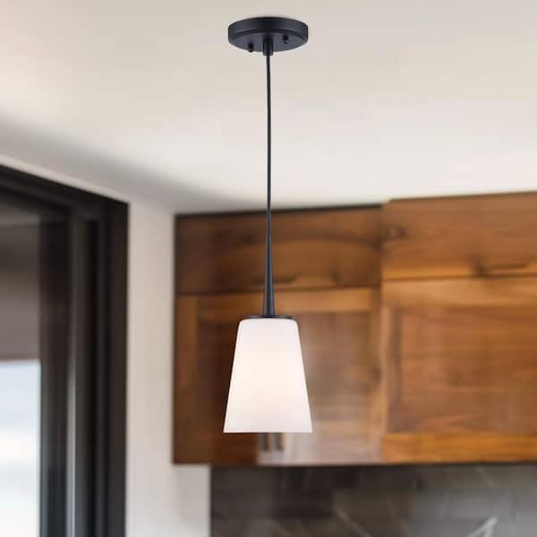 Bel Air Lighting Horizon 1-Light Black Hanging Mini Pendant Light Fixture with Frosted Glass Shade
