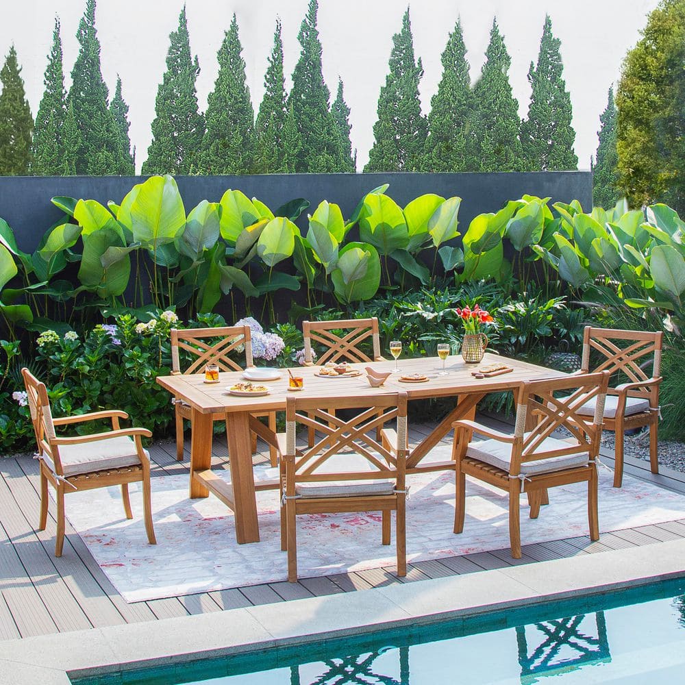 Carmel 7-Piece Teak Wood Outdoor Dining Set with Tan Cushion price history on PriceWatchPro