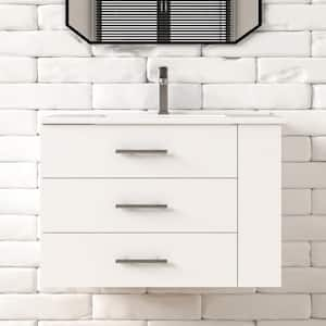 Rita 30.25 in. Single Sink Wallmount Bath Vanity with White Ceramic Countertop in Matte White with Right Side Shelf