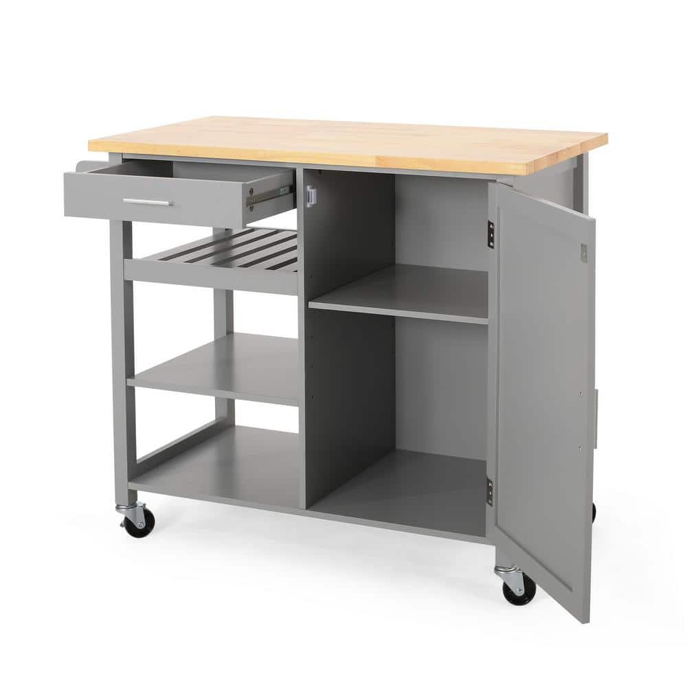 Contemporary Grey Wood Kitchen Cart with Storage and Casters