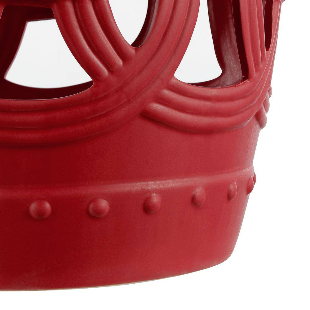 Matte Red 16" Ceramic Drum Garden Stool with Lucky Coin Symbols