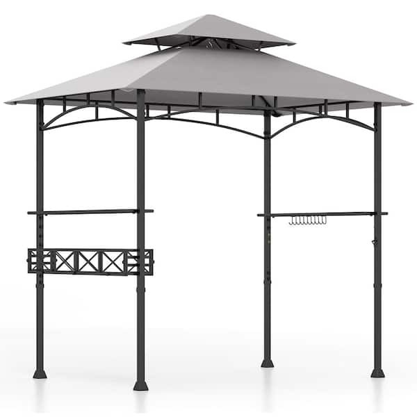 8 ft. x 5 ft. Grey Outdoor Grill Gazebo Double Tiered BBQ Canopy Tent w/ 2 Side Shelves 20 Hooks Bottle Opener & Basket