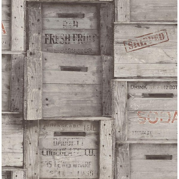 Brewster Wood Crates Grey Distressed Wood Grey Wallpaper Sample