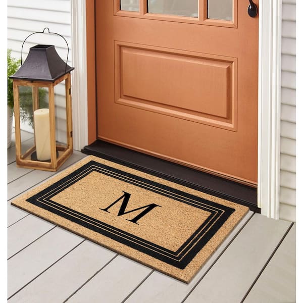 A1HC Flock Black/Beige 18 in x 30 in Natural Coir Thin-Profile Non-Slip Outdoor Durable Monogrammed M Doormat