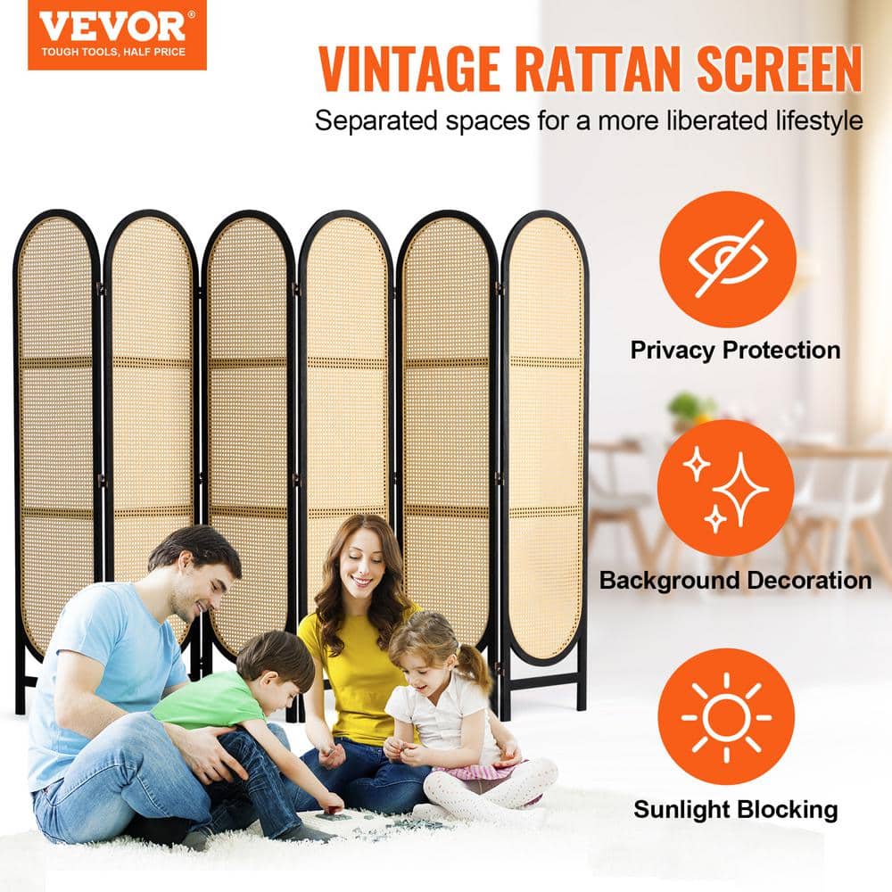 6-Panel Black and Natural Rattan Folding Room Divider