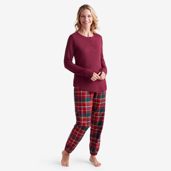The Company Store Company Cotton Family Flannel Henley Women's Medium Red Plaid Pajama Set