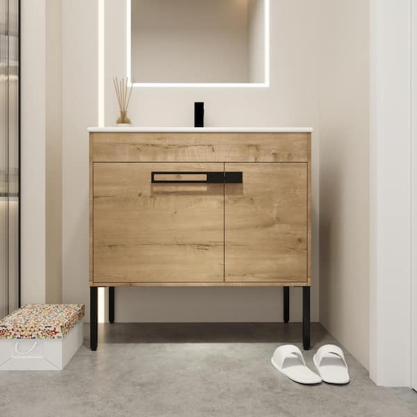 Unbranded 36 in. W x 18 in. D x 35 in. H Single Sink Freestanding or Floating Bath Vanity in Imitative Oak with White Ceramic Top