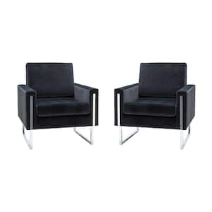 Dardanus Modern Black Velvet Club Chair with Embedded Metal Armrests Set of 2