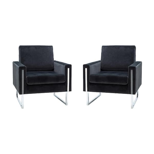JAYDEN CREATION Dardanus Modern Black Velvet Club Chair with Embedded Metal Armrests Set of 2