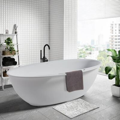 67 in. Stone Resin Flatbottom Solid Surface Freestanding Soaking Bathtub in White with Brass Drain and Towel Bar