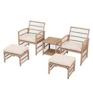 5-Piece Wicker Brown Outdoor Patio Conversation Set with 2-Tier Side Table and 2-Ottomans, Creamy White Cushions