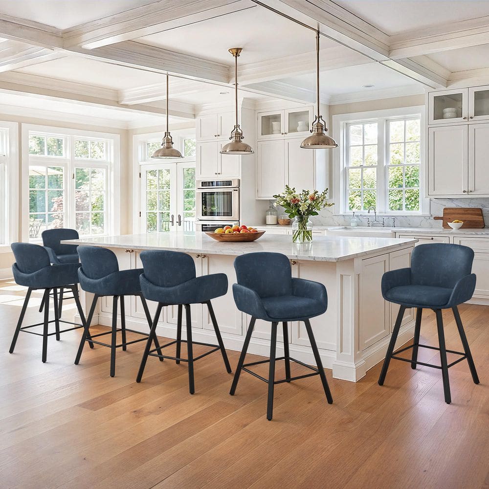 26 in. Blue Faux Leather Low back Metal Frame Swivel Bar Stool island Counter Height Stools with Armrest Set of 6 price history on PriceWatchPro