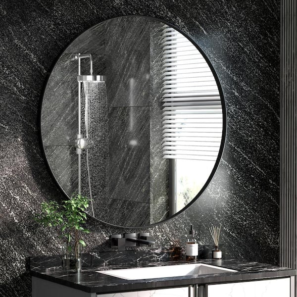 30 in. W x 30 in. H Large Round Stainless Steel Bathroom Mirror Vanity Mirror Wall Decorative Mirror in Brushed Black