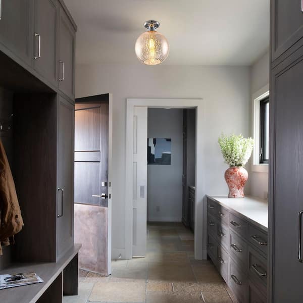 MENCOLULU 10 in. 1-Light Mini Chrome Transitional Round Flush Mount Ceiling Light with Globe Crackle Glass Shade for Hallway