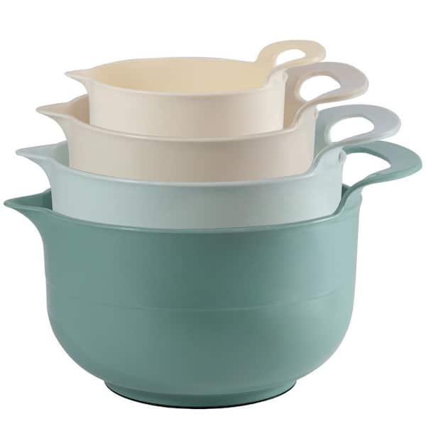 4 Piece Plastic Light Green Mixing Bowl Set with Non Slip Bottom, Handles, Pour Spouts, Nesting Design