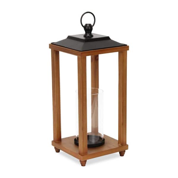 21 in. Brown and Black Geometric Metal and Solid Wood Tabletop Lantern Candle Holder