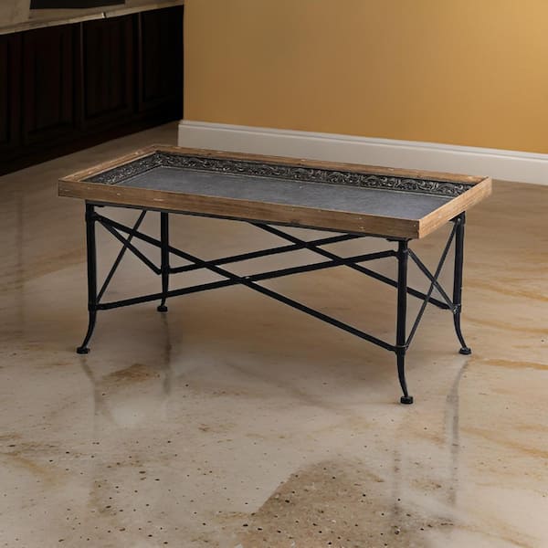 Benjara Custom Series 23.4 in. Brown and Black Rectangle Wood Coffee Table with Metal Base