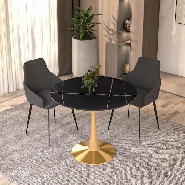 Leisuremod Bristol Dining Table 35 in. Round Sintered Stone Tabletop in Gold Stainless Steel Pedestal Base Accent Table in Black