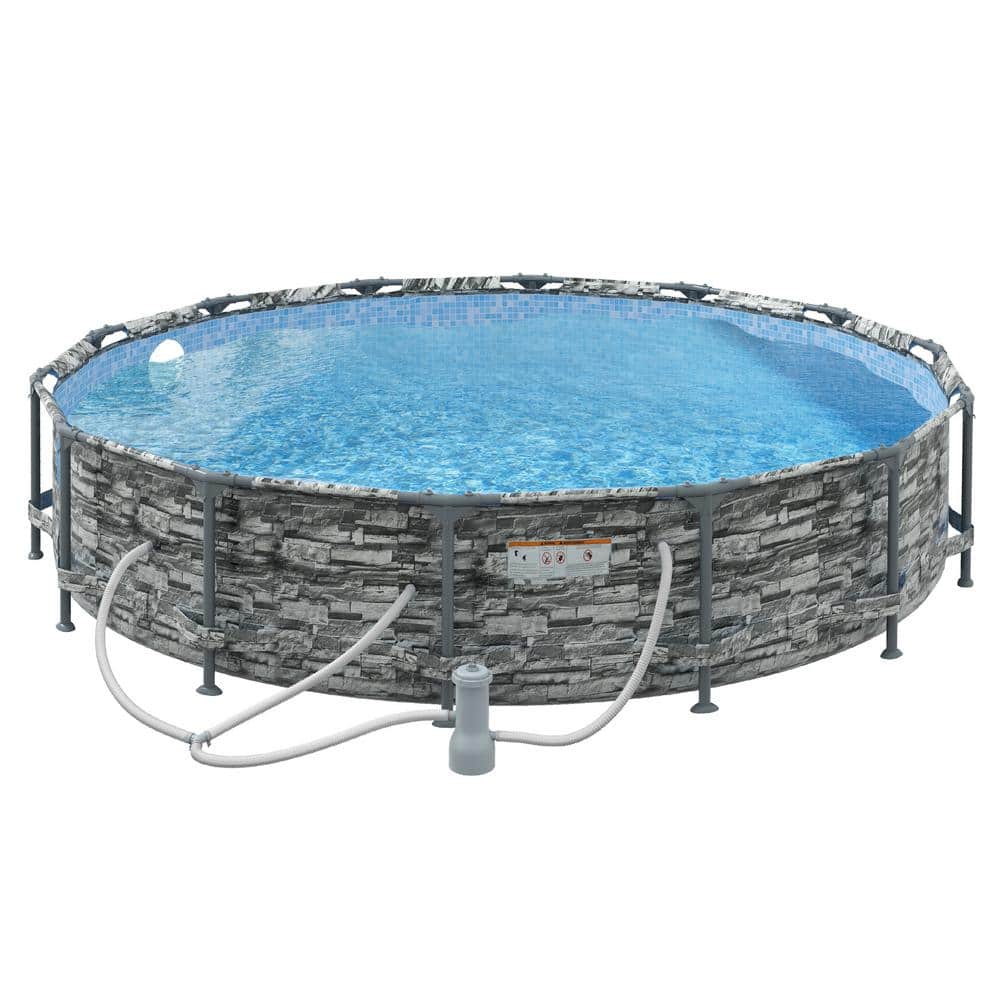 Gray Brick Steel 14 ft. Dia. x 2.8 ft. Round Metal Frame Pool Package