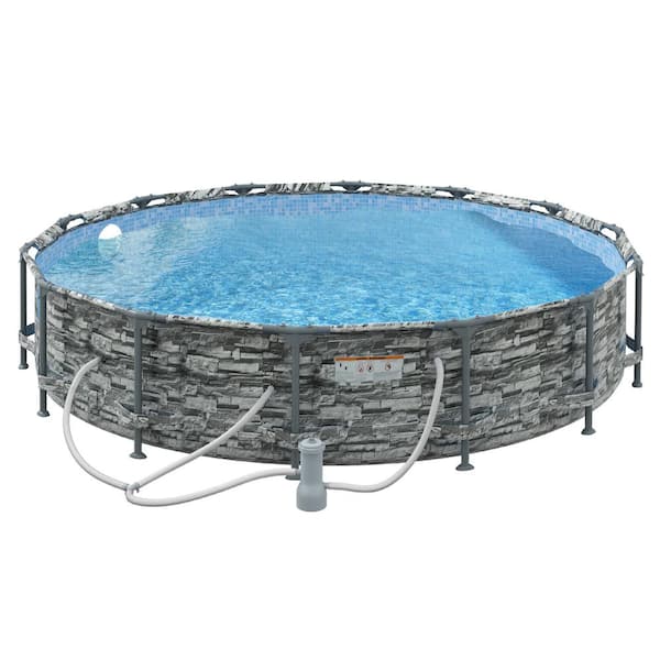 Outsunny Gray Brick Steel 14 ft. Dia. x 2.8 ft. Round Metal Frame Pool Package