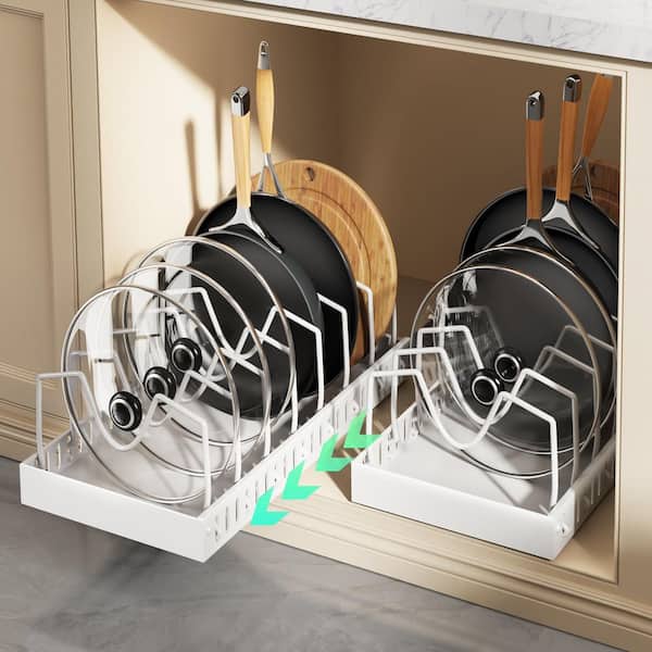 2-Pack Pull Out Drawer Organizer Under Cabinet, Slide Out inside Cabinet Storage for Pot Lid, White