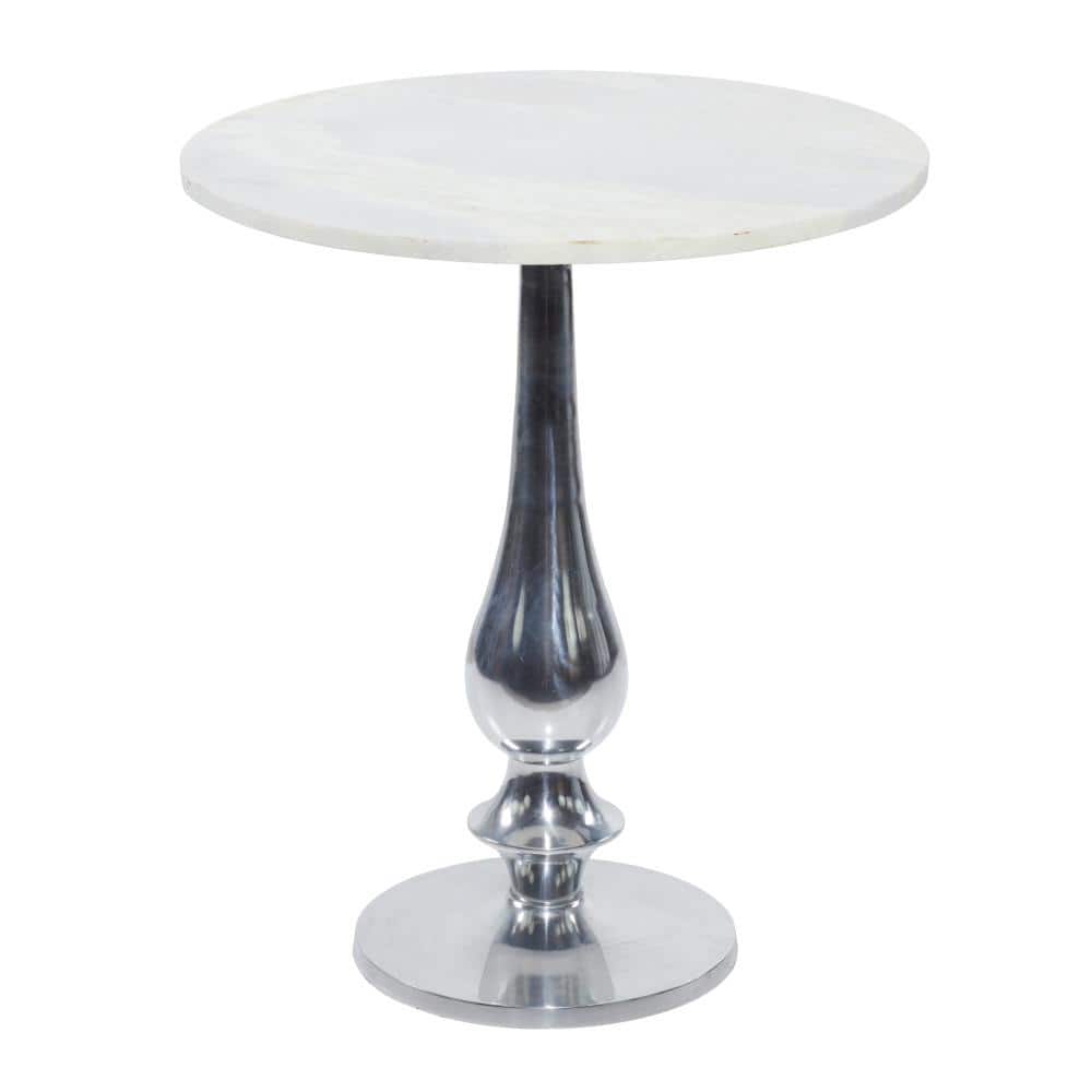 White Marble and Silver Aluminum Round Accent Table