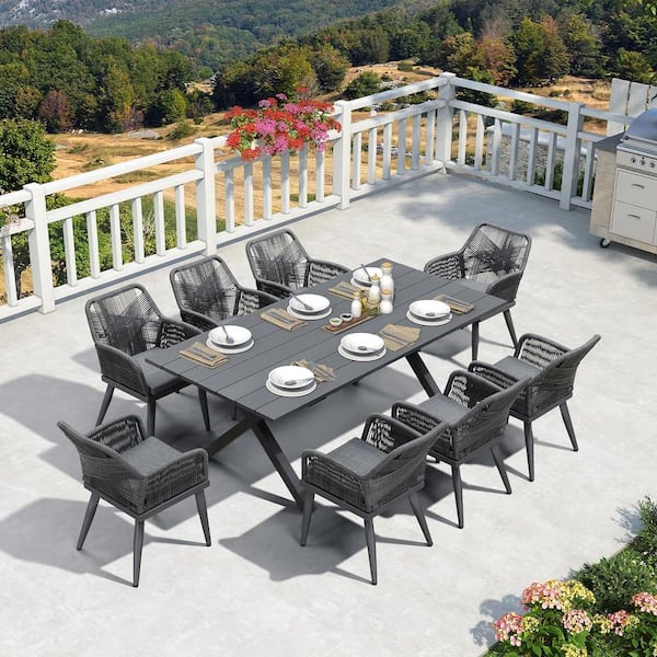 PURPLE LEAF 9-Piece Aluminum All-Weather PE Rattan Rectangular Outdoor Dining Set with Cushion, Grey