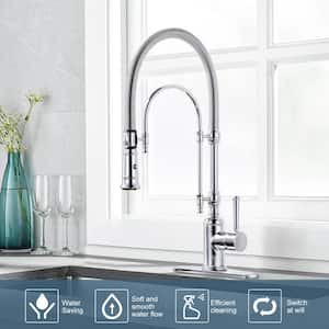 2-Functions Single Handle Gooseneck Pull Down Sprayer Kitchen Faucet with Spring Tube in Solid Brass Polished Chrome