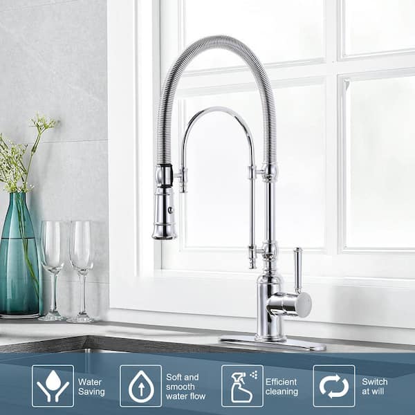 2-Functions Single Handle Gooseneck Pull Down Sprayer Kitchen Faucet with Spring Tube in Solid Brass Polished Chrome