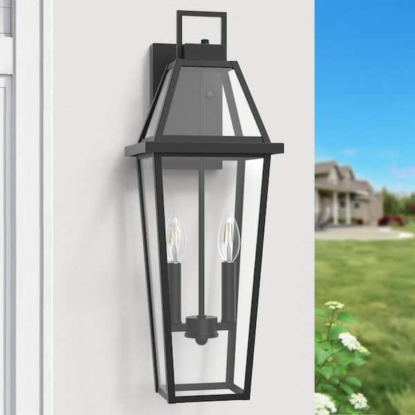 Hawaii 24 in. 2-Light Matte Black Dusk to Dawn Hardwired Outdoor Wall Lantern Sconce with No Bulbs Included