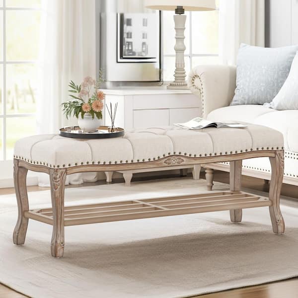 45.3 in. JULIO Beige White Color Fabric Wood Frame Button-tufted Cushion Armless Bench With Storage Rack