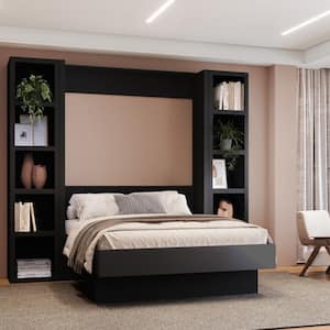 Easy-Lift Black Wood Frame Full Murphy Bed with 2-Bookcase