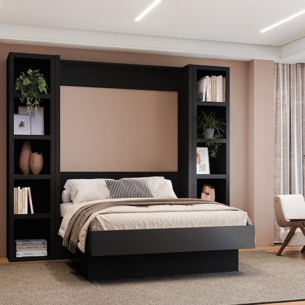 Easy-Lift Black Wood Frame Full Murphy Bed with 2-Bookcase
